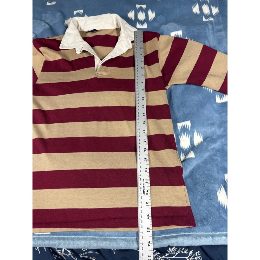 vintage 70s 80s Levis Mens Striped Rugby Shirt Long Sleeve Burgundy Tan M